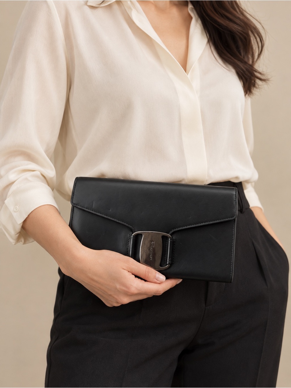 Salvatore Ferragamo Black Leather Clutch with Silver Buckle
